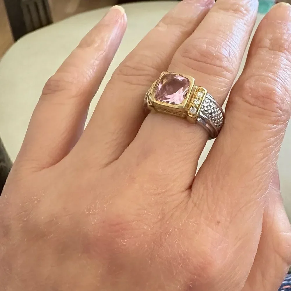 Judith Ripka 18k Yellow Gold Diamond and pink Zircon and silky ring